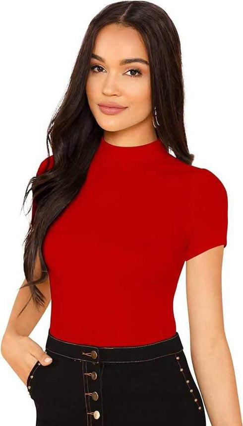 Women Red Round Neck Half Sleeves T-Shirt